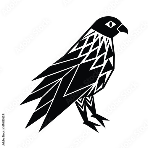 Black and white vector illustration of a geometric stylized hawk with sharp angles and unique details