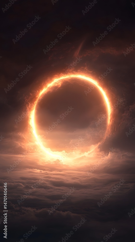 Glowing Orange Ring in Dark Sky with Clouds Glowing Orange Ring in Dark Sky with Clouds