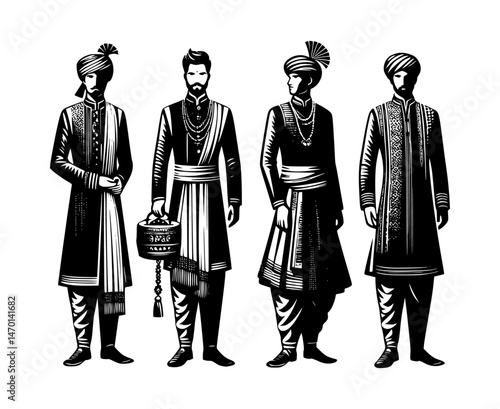 Indian man wedding fashion silhouette vector  set