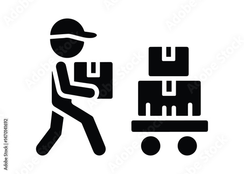 loader carries boxes on cart icon, sticks figure stickman human silhouette