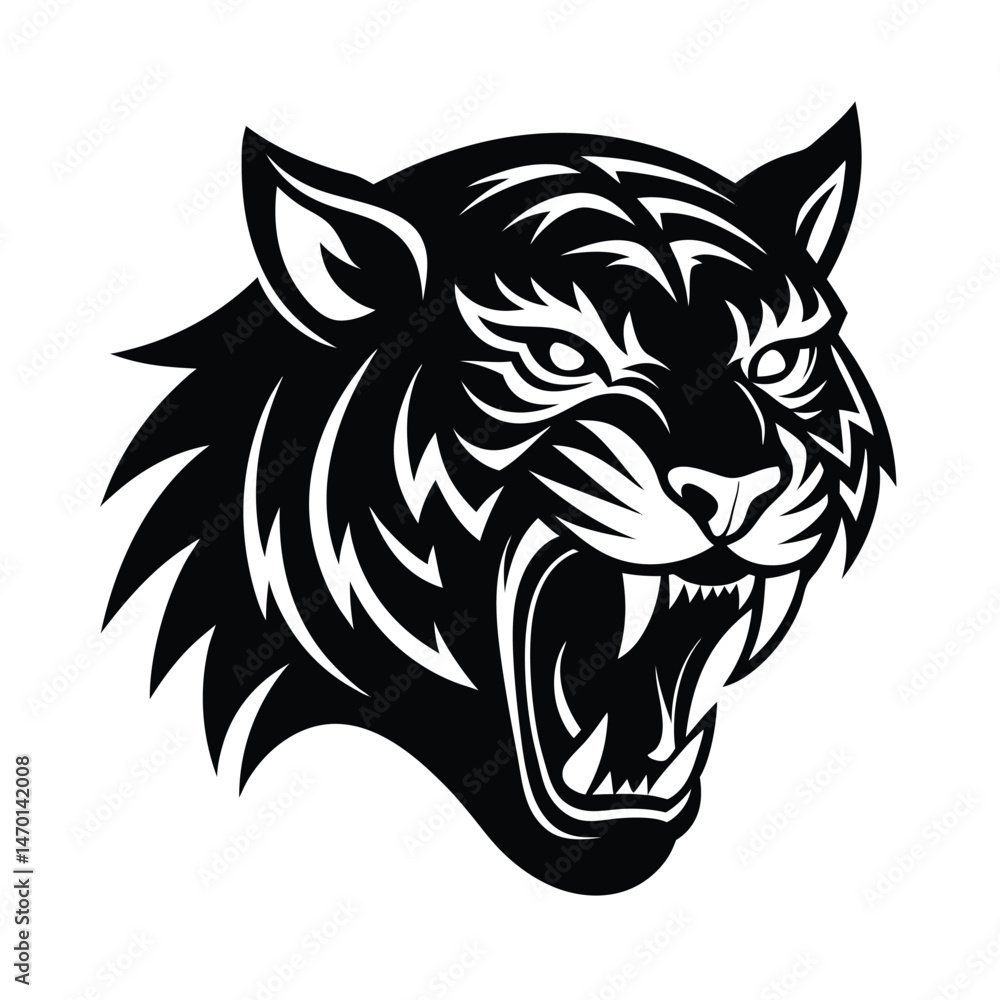 Obraz premium Fierce roaring tiger head vector illustration in black and white for mascot design and branding