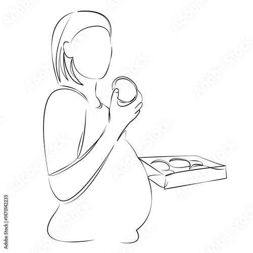 One continuous single drawing line art flat doodle pregnant, eating, food, indoor, mother, donut. Isolated image hand draw contour on a white background, hand drawn, not AI