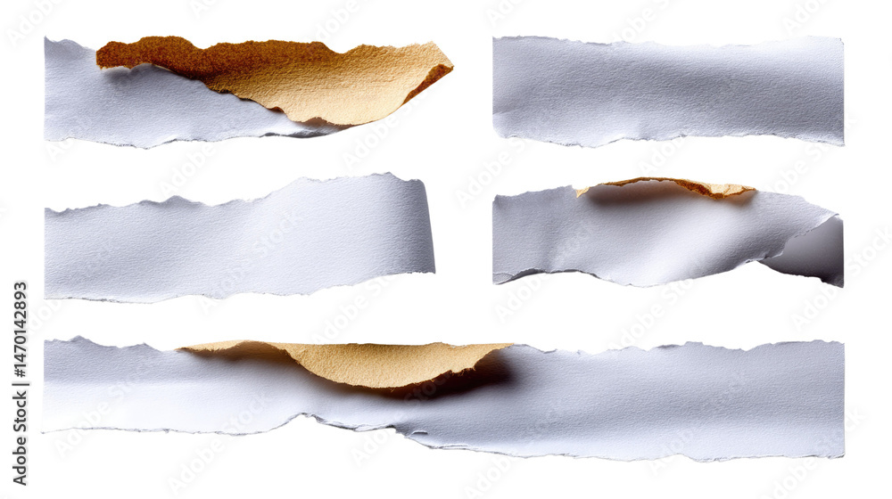 Fototapeta premium Torn Paper Fragments: A collection of jagged, torn paper fragments reveals glimpses of the underlying layer, suggesting stories yet untold and waiting to be written.