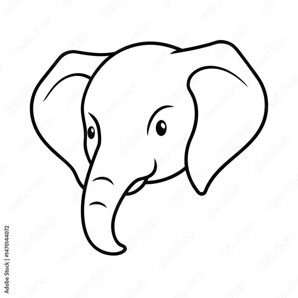Cute and friendly elephant face cartoon illustration in black and white for children's designs Cute and friendly elephant face cartoon illustration in black and white for children's designs