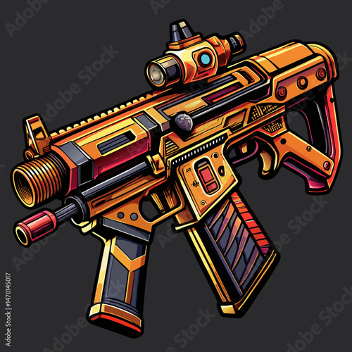 A highly detailed vector illustration of an assault rifle with ergonomic grip, placed on a solid black background