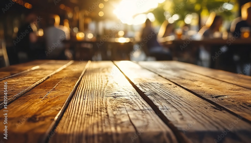 Fototapeta premium Wooden table in sunlight with blurred outdoor scene and people.