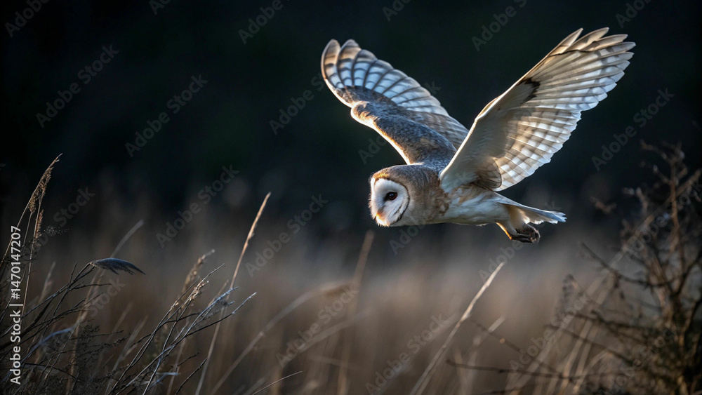 Fototapeta premium barn owl flying spreading wings hunting night