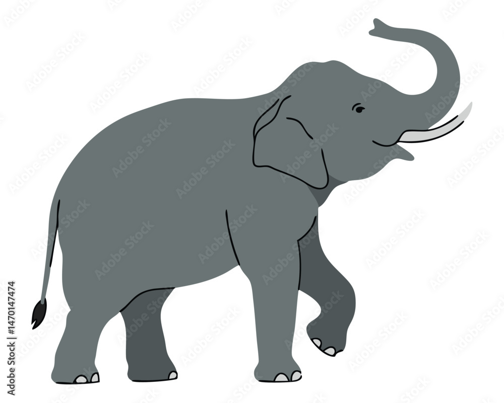 Obraz premium Playful African Elephant with Tusk and Upturned Trunk in Simple Graphic Design Style