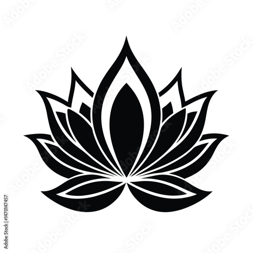 Elegant black and white lotus flower vector illustration symbolizing purity and enlightenment on white background