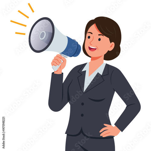 Confident saleswoman energetically promoting ideas with a megaphone in a professional setting