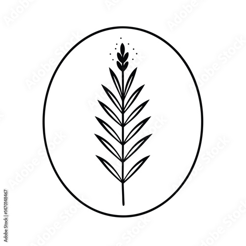 Minimalist black and white botanical illustration of a leaf design enclosed within a simple circular frame
