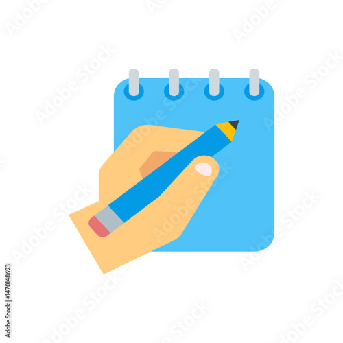 A hand holding a blue pencil writing on a light blue notepad with a spiral binding at the top edge
