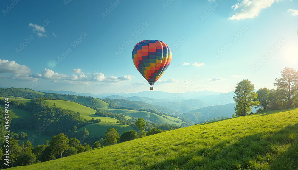 Naklejka premium Colorful Hot Air Balloon Floating Over a Lush Green Landscape