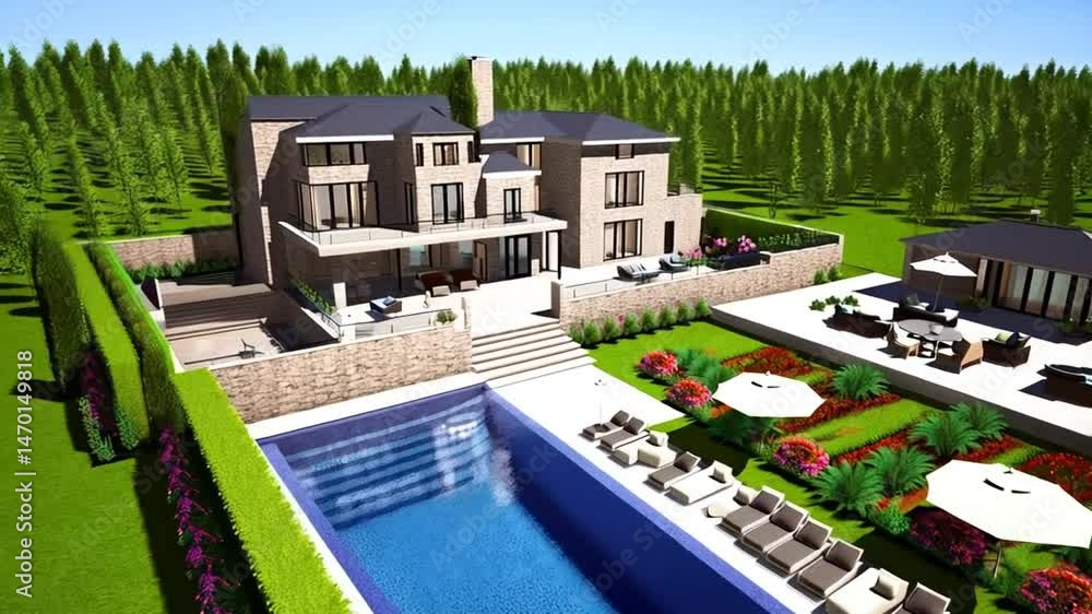 Luxurious modern house with swimming pool and beautiful garden landscape video Luxurious modern house with swimming pool and beautiful garden landscape video