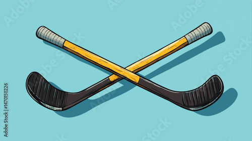 Two Crossed Ice Hockey Sticks Sporting Equipment On Light Blue Background Illustration