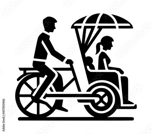 Man Pulling Rickshaw Female Passenger Icon Vector Logo