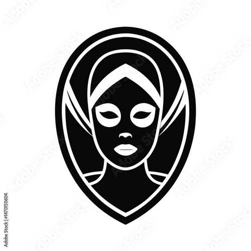 Elegant black and white illustration of a woman undergoing facial treatment and relaxation in a spa