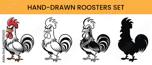 Hand drawn roosters set. Engraved style and cartoon vector illustration. This is a template for your design work. It is isolated on a white Background.
