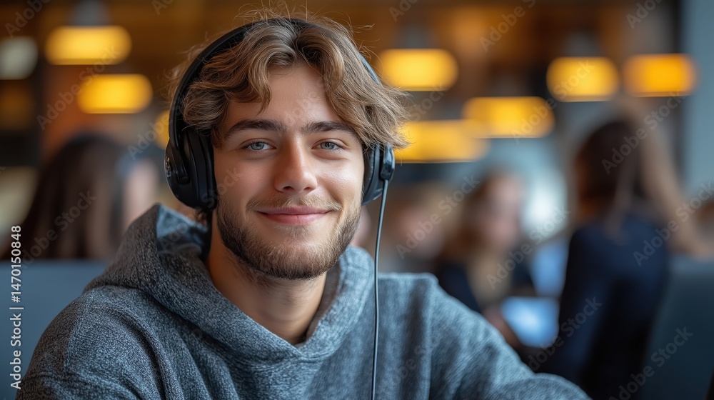 Friendly call center operator smiles while assisting customers during busy hours