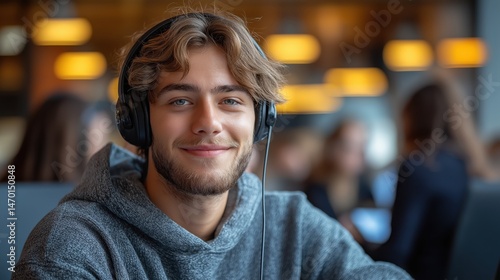 Obraz na płótnie Friendly call center operator smiles while assisting customers during busy hours w salonie