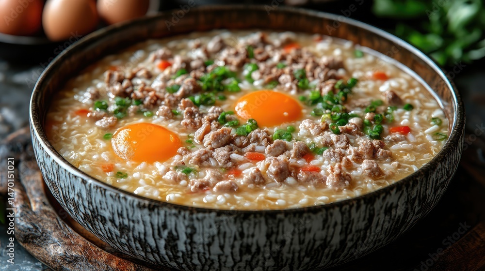 Savory Pork & Egg Rice Porridge, Kitchen Setting Savory Pork & Egg Rice Porridge, Kitchen Setting
