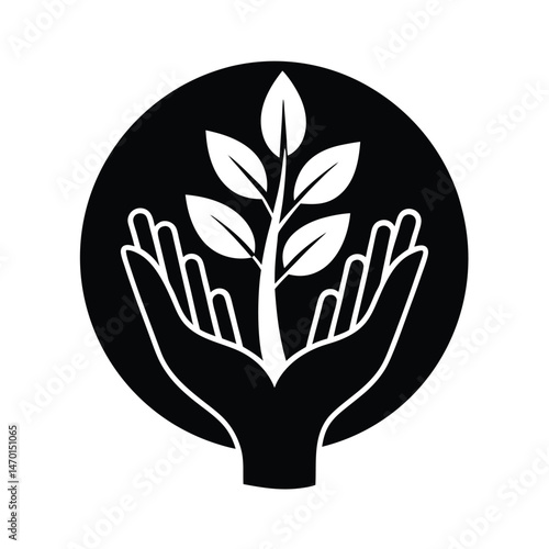 A minimalistic black and white illustration showing a growing plant held in the hands of care within a circle.