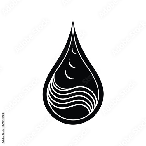 Artistic black and white water droplet symbol representing freshness and purity in liquid form