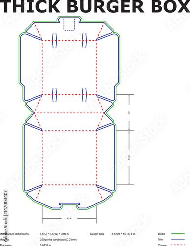 Detailed diagram of a thick burger box packaging template with dimensions and technical specifications