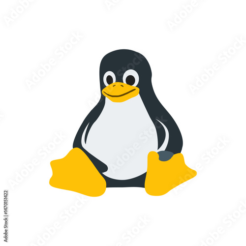 Illustration of a cartoon penguin sitting with yellow feet and beak on a white background isolated image