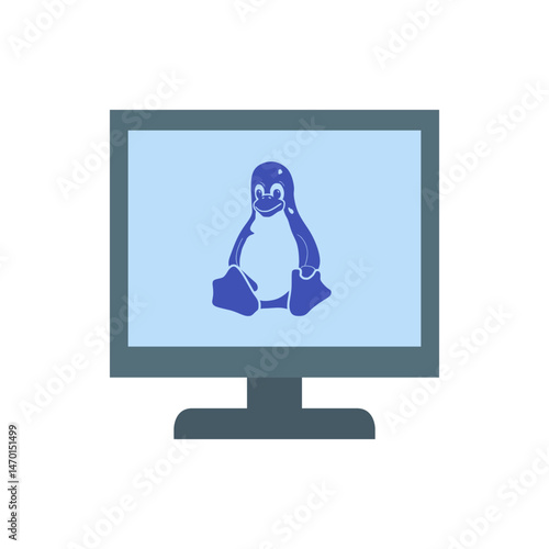 A computer monitor displaying a cartoon penguin in blue tones against a light blue background screen view