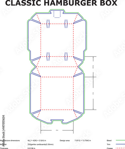 Vector illustration of a classic hamburger box die cut template showing dimensions for food packaging design