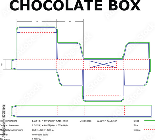 Detailed schematic diagram layout of a chocolate box packaging with dimensions and specifications for design