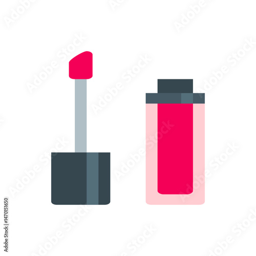 Illustration of a pink lip gloss with applicator next to the container on a plain white background scene
