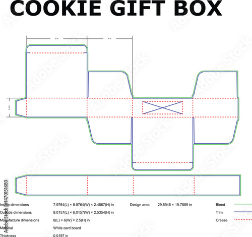 Detailed cookie gift box packaging design layout with precise dimensions and manufacturing specifications