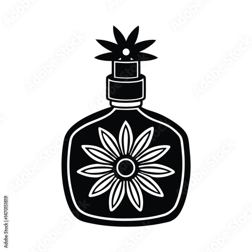 Stylish black and white perfume bottle design with floral accents perfect for fashion and beauty content
