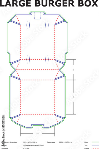 Detailed blueprint of a large burger box with bleed, trim, and crease lines showing dimensions