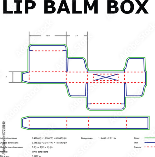 A detailed vector diagram showing the template and dimensions of a lip balm box packaging design.