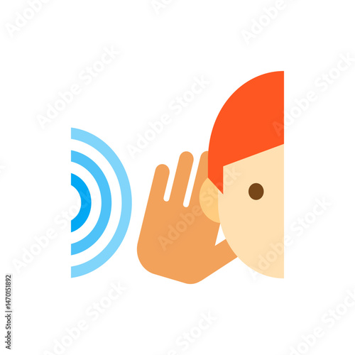 Person with hand to ear listening to sound waves on the left side of the frame in a cartoon style