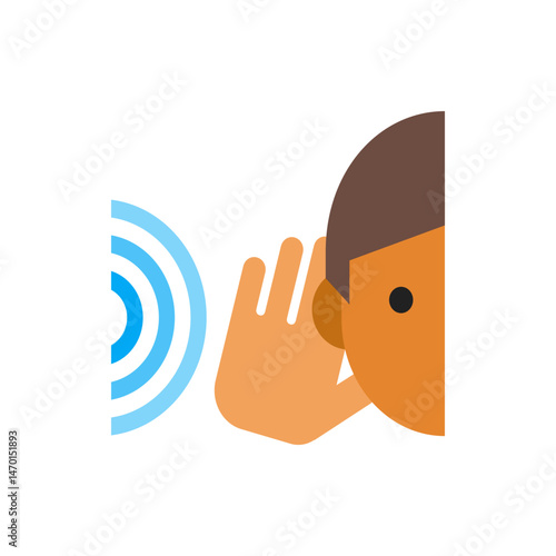 Person with hand to ear listening to sound waves emanating from the left side of the illustration