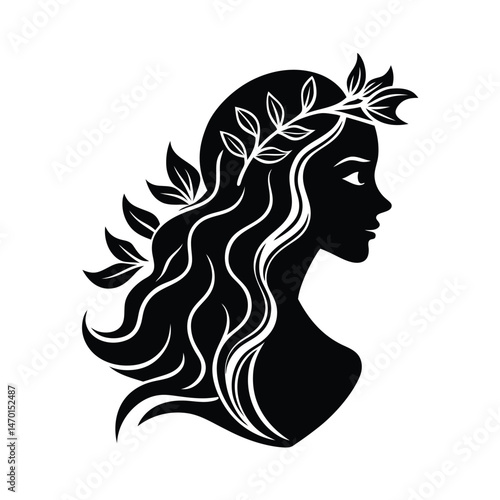 Silhouette of a woman with long flowing hair and a floral crown on a white background