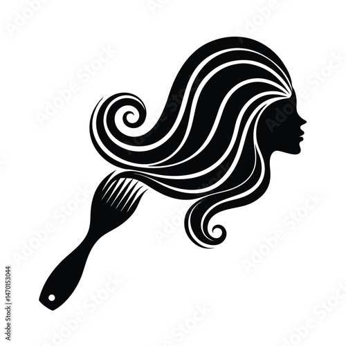 Silhouette of a woman with long flowing hair and a hairbrush symbolic of beauty and hair care.