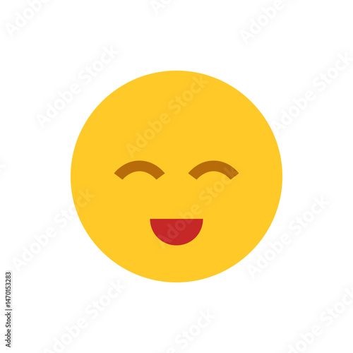 A simple yellow emoji with closed eyes and a red smiling mouth expressing happiness and contentment here