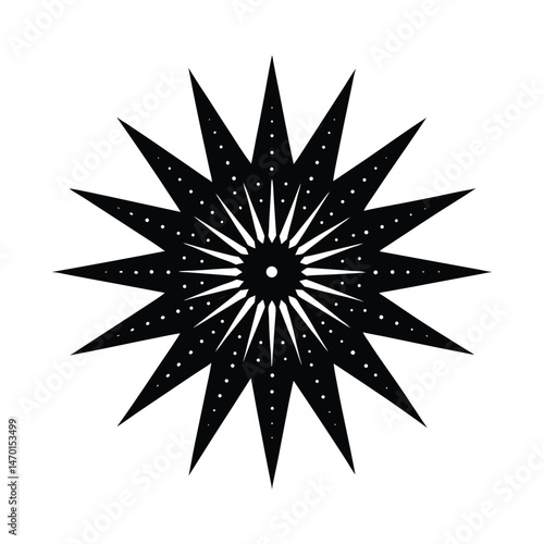 Elegant black and white starburst design featuring dotted detailing isolated against a white background
