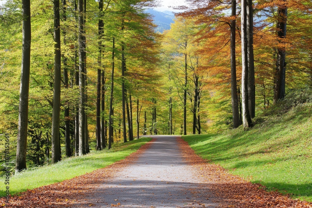 Fototapeta premium Autumnal forest path, colorful trees