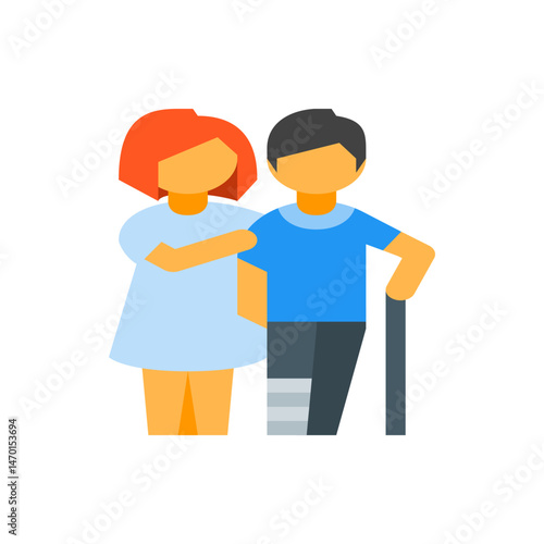 Illustration of a woman with red hair embracing a man with a cane and a leg cast in a supportive pose