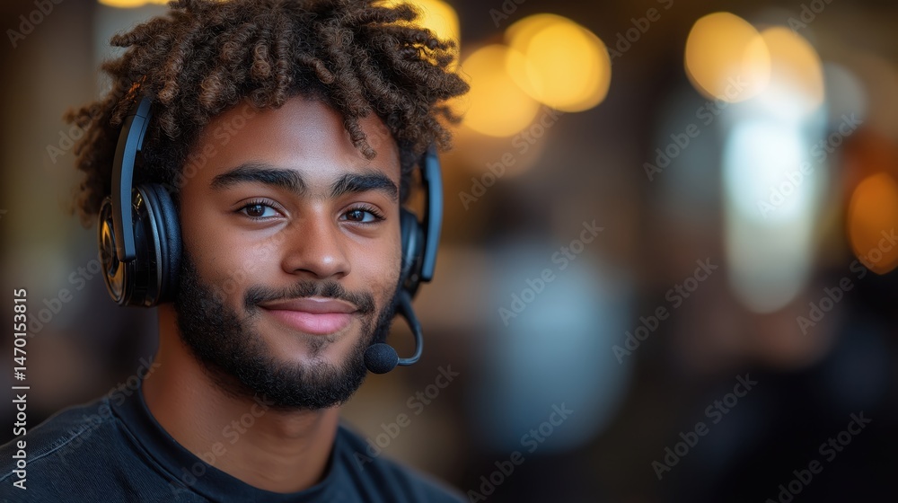 Young man with headset excels in customer support role in busy workspace environment