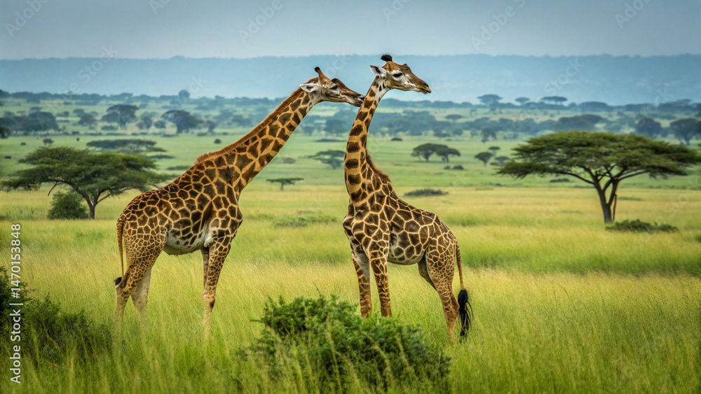 Obraz premium two majestic giraffes towering above lush vegetation