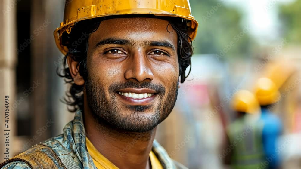young Indian worker smiling wearing yellow safety cap , protective gear at construction site, professional worker young Indian worker smiling wearing yellow safety cap , protective gear at construction site, professional worker