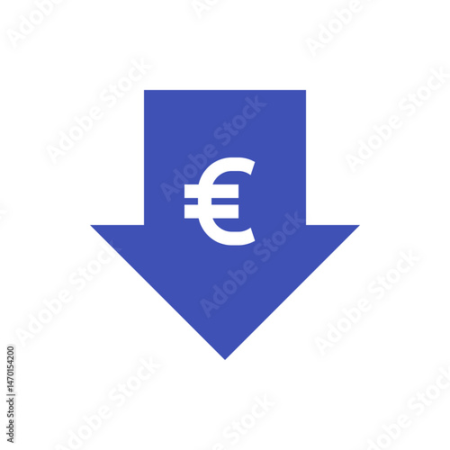 Euro symbol inside a blue downward arrow indicating financial decrease or economic downturn situation exactly