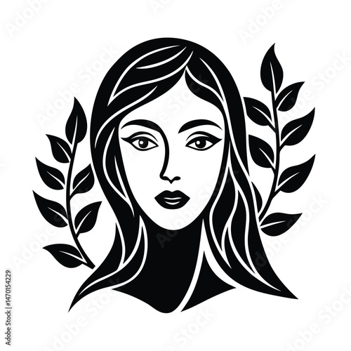 Beautiful vector portrait of a woman with long hair and laurel branches in a black and white style